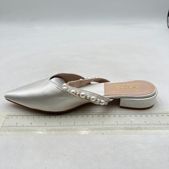XYD White Pointed Toe Mules Pearl Single Strap Slip On Chunky Low Heels Sandals - Picture 1 of 7